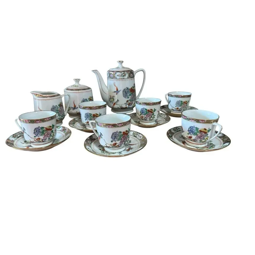 Vintage Chinese Porcelain Painting Tea Set, Hand Painted Birds & Flowers,
